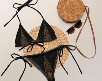 Midnight Riviera String Bikini, Celestial Moon & Sun Swimwear, Gothic Luxury Bikini, Black Gold Resort Wear, Witchy Beach Bikini