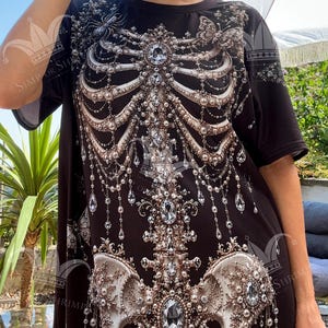 Woman’s Gothic Skeleton T-Shirt Dress | Victorian Halloween Pearl Bone Print Tee image 4