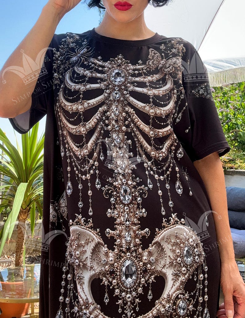 Woman’s Gothic Skeleton T-Shirt Dress | Victorian Halloween Pearl Bone Print Tee image 4