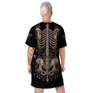 Gothic Skeleton Oversized T-Shirt Dress | Victorian Bone Art Tee | Dark Academia | Pearl Skeleton Graphic Shirt | Gothic Streetwear