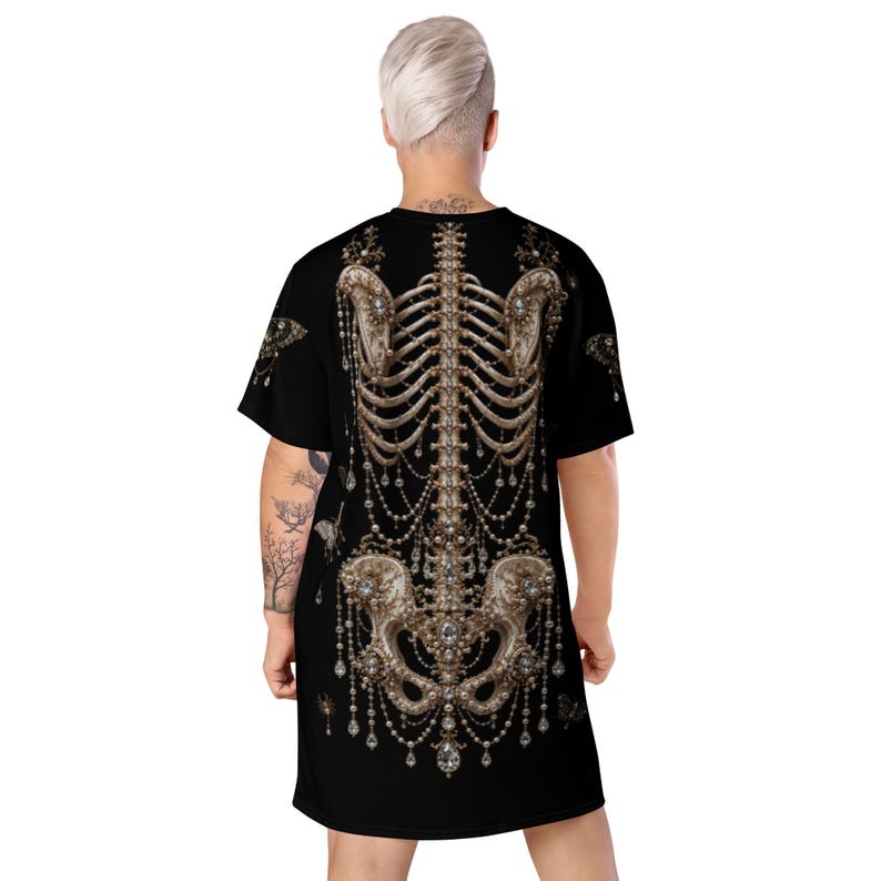 Gothic Skeleton Oversized T-Shirt Dress | Victorian Bone Art Tee | Dark Academia | Pearl Skeleton Graphic Shirt | Gothic Streetwear