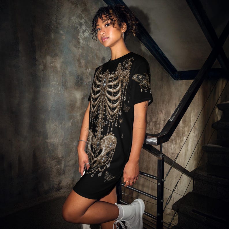 Gothic Skeleton Oversized T-Shirt Dress | Victorian Bone Art Tee | Dark Academia | Pearl Skeleton Graphic Shirt | Gothic Streetwear