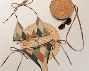 Mediterranean Tile String Bikini | Terracotta & Sage Green Recycled Bikini Set | Italian Summer Swimwear | Greek Island Beachwear