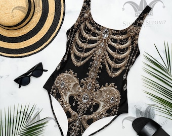 Gothic Skeleton One-Piece Swimsuit | Victorian Crystal Bone Bodysuit