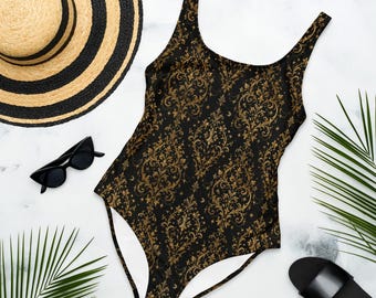 Black Gold Gothic Swimsuit, Celestial One Piece Swimwear, Baroque Bathing Suit, Moon Star Swimsuit, Gothic Beachwear, Alternative Swimwear