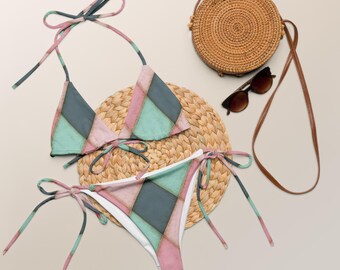 Pastel Harlequin Tie-Side Bikini – Vintage Diamond Print Swimwear