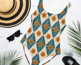 Jester Diamond Harlequin One-Piece Swimsuit - Teal Mediterranean tile print