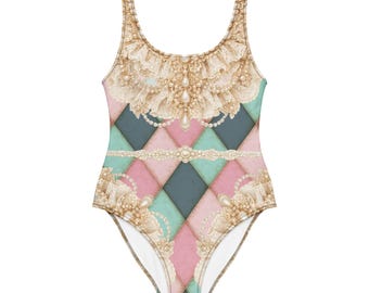 Whimsical Harlequin Lace Swimsuit | Circus Performer Costume | Pearl Clowncore Leotard | Aerial Hoop Costume | Vintage Carnival Bodysuit