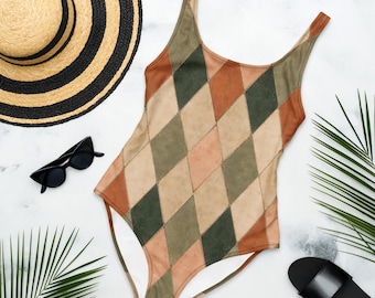 Mediterranean Harlequin Swimsuit | Terracotta Sage Green Tile Print One Piece | Italian Summer Swimwear | Vintage European Resort