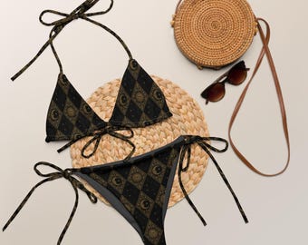 MIDNIGHT HARLEQUIN recyled string bikini | Gothic Celestial Bikini | Moon & Sun Swimwear | Black Gold Resort Bikini | Witchy Beachwear