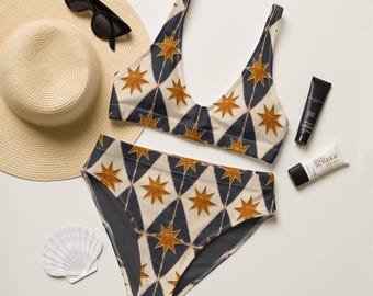 Black & Gold Tile Bikini Set | Mediterranean Swimwear | Italian Tile Print Bikini | European Summer Resort Wear | Luxury Beachwear