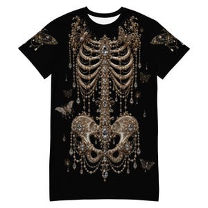 Gothic Skeleton Oversized T-Shirt Dress | Victorian Bone Art Tee | Dark Academia | Pearl Skeleton Graphic Shirt | Gothic Streetwear