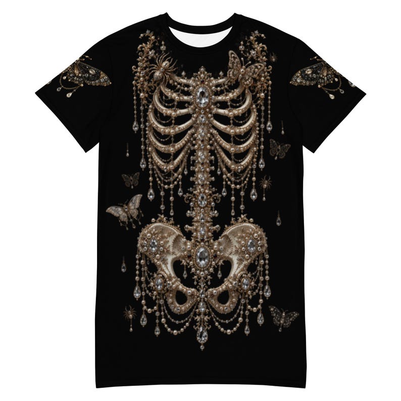 Gothic Skeleton Oversized T-Shirt Dress | Victorian Bone Art Tee | Dark Academia | Pearl Skeleton Graphic Shirt | Gothic Streetwear