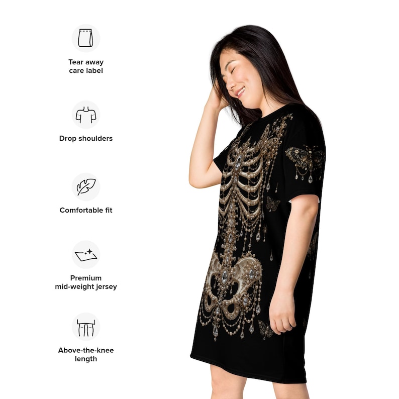 Gothic Skeleton Oversized T-Shirt Dress | Victorian Bone Art Tee | Dark Academia | Pearl Skeleton Graphic Shirt | Gothic Streetwear