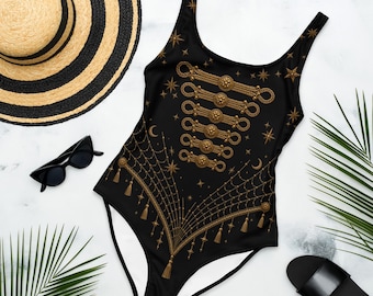 Vintage Gothic Spiderweb Swimsuit | Celestial One Piece Bathing Suit | Gold Art Deco Costume Swimwear | Witchy Beachwear