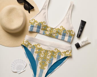 Blue Circus Stripe Bikini Set – Vintage Striped Swimwear with Gold Detail & Contrast Lining