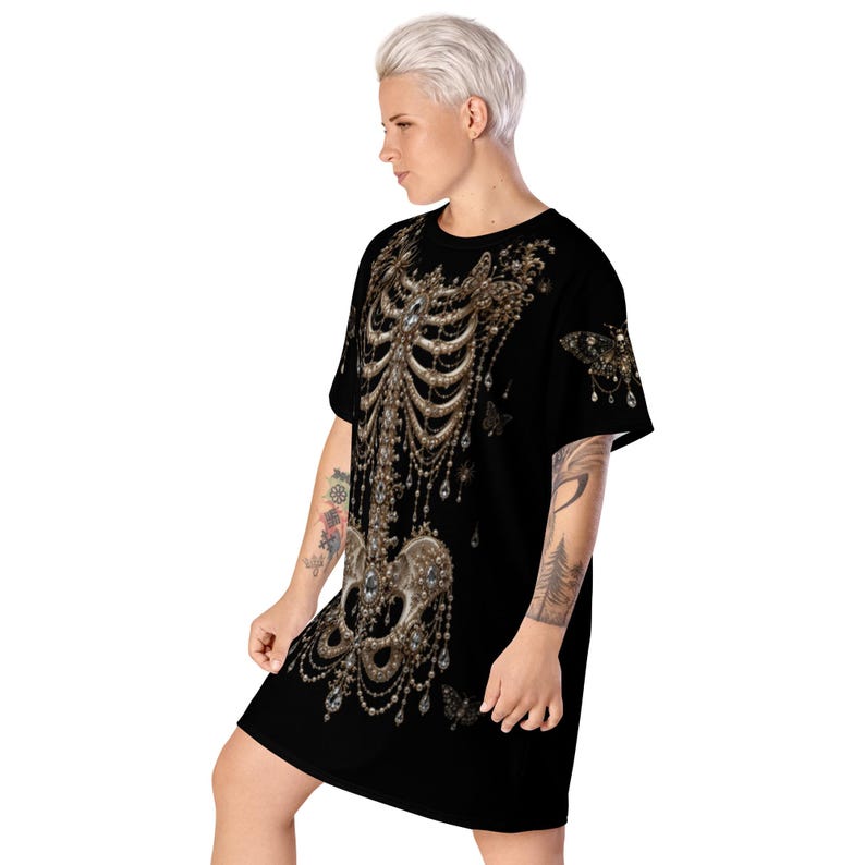Gothic Skeleton Oversized T-Shirt Dress | Victorian Bone Art Tee | Dark Academia | Pearl Skeleton Graphic Shirt | Gothic Streetwear