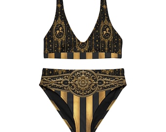 Black Gold Circus Bikini Set, Gothic Circus Swimwear, Ringmaster Bikini, Vintage Circus Bathing Suit,