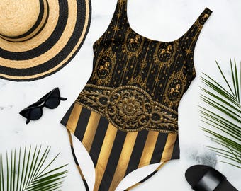 Black Gold Circus Swimsuit, Gothic One Piece, Ringmaster Leotard, Celestial Swimsuit, Alternative Vintage Circus Costume