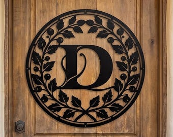 Personalized Metal Vine Monogram Sign | Circle Initial Wall Art | house Front Door Decor | Wedding Anniversary Housewarming Gift for Couples