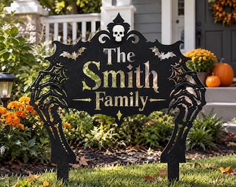 Personalized Halloween Yard Sign, Custom Family Name Decor, Skeleton Hands Metal Garden Stake, Gothic Outdoor Halloween Decoration