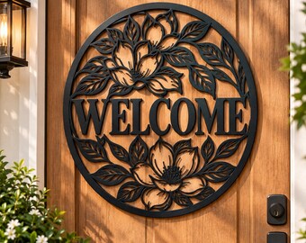 Floral Welcome Sign, Black Metal Front Door Decor, Flower Wall Art, Farmhouse Porch Decor, Botanical Entryway Sign, Housewarming Gift