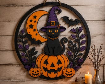 Halloween Black Cat Metal Sign, Witch Cat Pumpkin Door Hanger, Flat Halloween Wall Decor, Spooky Fall Porch Sign, Gothic Pumpkin Decoration