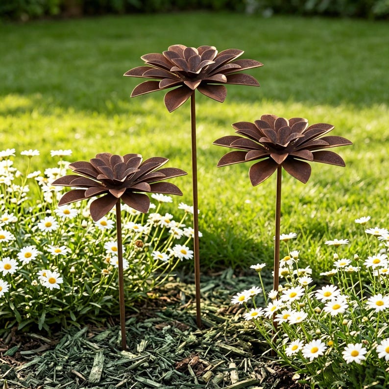 May include: Three decorative metal flower garden stakes with layered petal designs. The stakes are a dark brown color and are placed in a garden bed with white flowers and green grass in the background. The stakes vary in height.