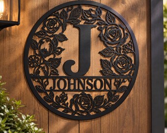 Personalized Family Name Metal Wall Sign, Custom Initial Monogram Decor, Floral Rose Wreath, 12 Inch Round Home Decor