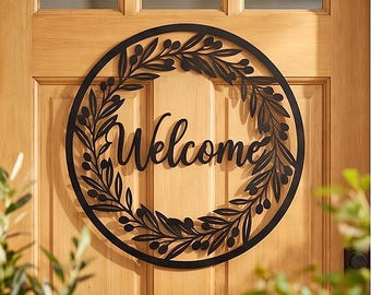 Olive Branch Wreath Welcome Round Metal Sign, Minimalist Botanical Wall Art, Peaceful Porch Plaque, Housewarming Gift for New Home