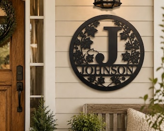 Personalized Family Name Metal Wall Sign, Custom Monogram Wreath Decor, Rustic Farmhouse Door Hanging, Personalized Housewarming Gift