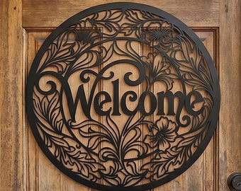 Floral Welcom Metal Sign, Boho Botanical Wreath Wall Art, Farmhouse Front Door Decor, Rustic Entryway Plaque, Housewarming Gift for New Home