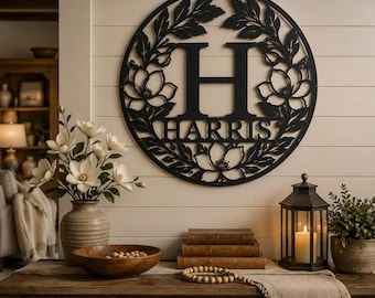 Personalized Metal Family Name Sign, Custom Wall Decor, Floral Metal Wall Art, Custom Last Name Sign, Housewarming Gift, Front Porch Decor
