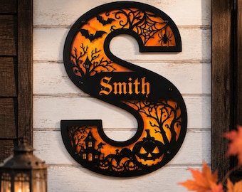 Personalized Halloween Monogram Metal Sign, Custom Name S Initial Plaque, Gothic Fall Porch Decor, Spooky Outdoor Wall Hanging