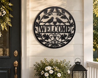 Rustic Welcome Sign Metal Wall Decor, Farmhouse Front Door Decor with Birds, Outdoor Porch Hanging Sign, Vintage Iron Home Accent