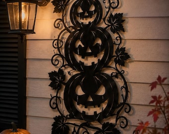 Halloween Metal Wall Decor, Black Pumpkin Trio Wall Art, Rustic Fall Porch Decoration, Spooky Jack O Lantern Hanging Sign