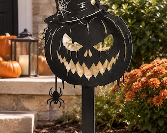 Halloween Pumpkin Yard Stake, Black Metal Halloween Yard Decor, Witch Hat Pumpkin Garden Stake, Outdoor Halloween Lawn Decoration