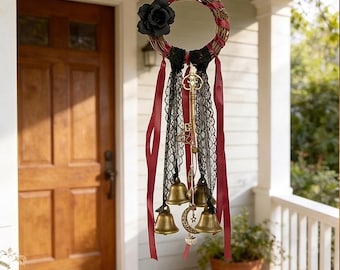Customizable Greeting Card Set ,Witch Bells Wind Chime, Gothic Rattan Wreath Door Hanger, Witchy Halloween Garden Decor
