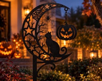 Halloween Cat Yard Stake, Black Cat Crescent Moon Garden Decor, Jack O Lantern Metal Garden Stake, Gothic Outdoor Halloween Decoration