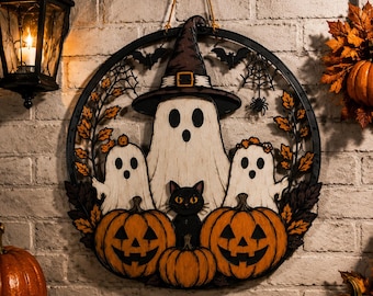 Halloween Ghost Witch Hat Metal Wall Sign, Spooky Pumpkin Cat Door Hanging Decor, Flat Iron Halloween Wreath, Autumn Front Door Decoration