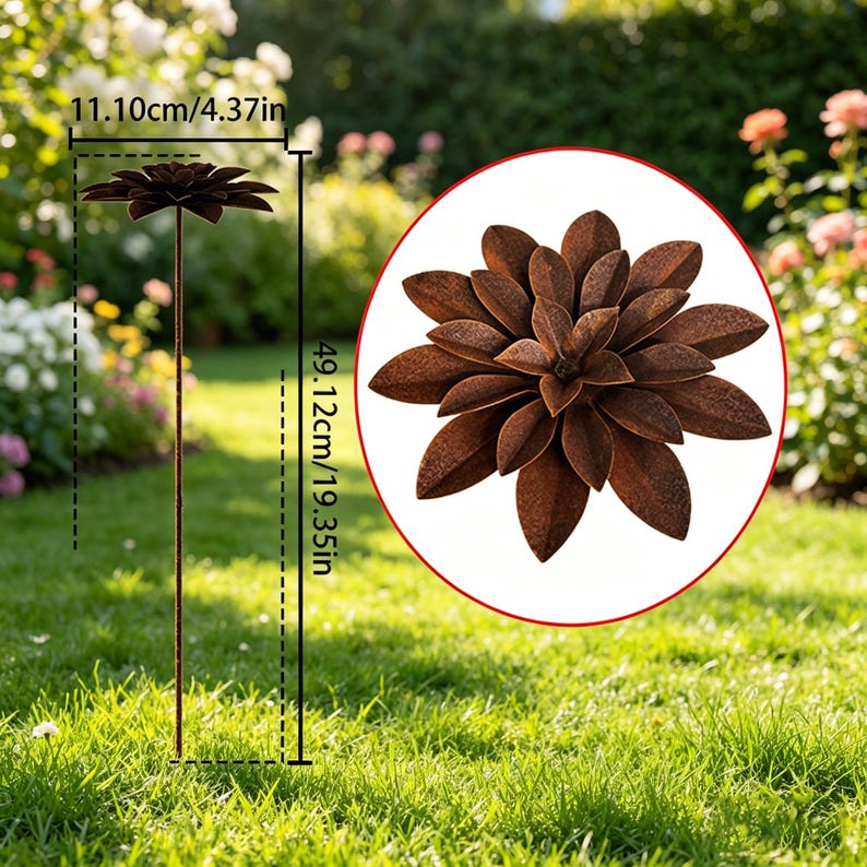 May include: A brown metal flower garden stake, 19.35 inches tall and 4.37 inches wide, with a detailed petal design. The stake is shown in a garden setting, with a close-up of the flower in a circle.