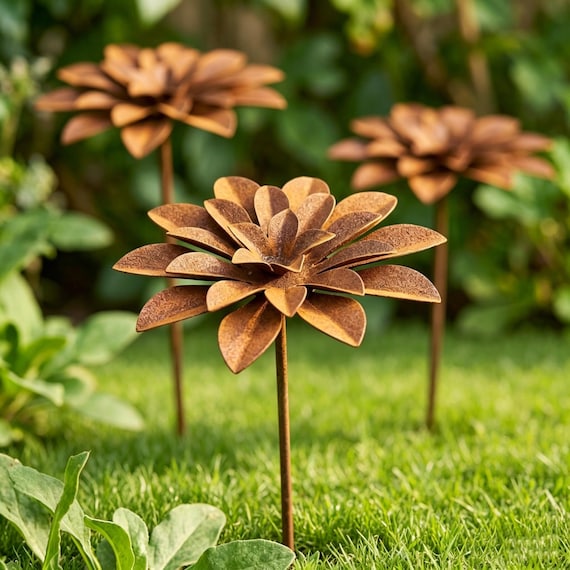 Customizable Greeting Card Set ,Rusted Metal Dahlia Flower Garden Stake | Rustic Farmhouse Outdoor Decor|Garden Lawn Ornament |Gardener Gift