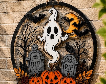 Halloween Metal Wall Decor, Ghost Pumpkin Wreath Sign, Spooky Haunted House Hanging Decoration, Gothic Fall Door Decor, Halloween Gift