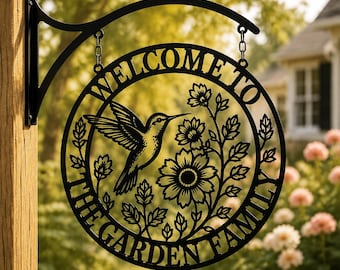 Hummingbird Garden Welcome Sign, Metal Wall Hanging Decor, Floral Outdoor Garden Art, Rustic Farmhouse Porch Decoration, Bird Lover Gift