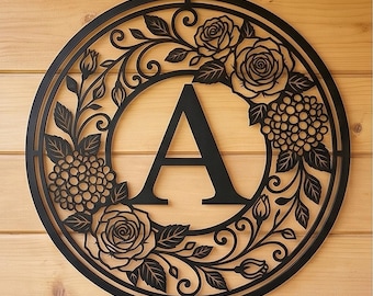 Personalized Rose Hydrangea Monogram Metal Sign,Custom Initial Letter Round Door Hanger,Farmhouse Front Door Decor,Housewarming Wedding Gift