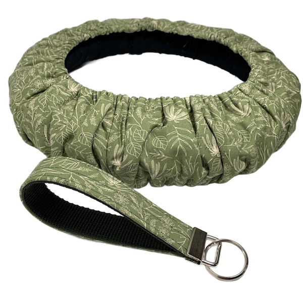 Green  Muted Floral Cotton Steering Wheel Cover-Custom Sized ,Non Slip Grip-Full Flannel Padding-Matching Keychain