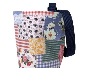 Blue Patchwork Small Auto Trash Bag-Water Repellent Lining, Medium Weight-Swivel Snap Hook Strap