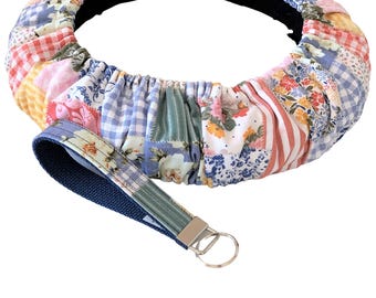 Blue Boho  Patchwork, Cotton Car Steering Wheel Cover,Custom Fit for Vehicle, Flannel Lined, Anti-Slip