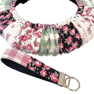 Pink Patchwork Cotton Steering Wheel Cover- Full Flannel Lining-Non Slip Grip-Sized to Fit Vehicle-Bestie Gift-Keychain Accessory