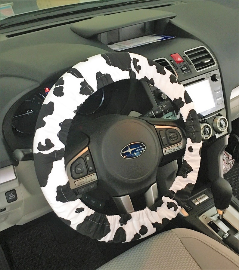 Cow Black & White Cotton Steering Wheel Cover-Non Slip Grip-Flannel Lining for Padding-Custom Fitted to Your Vehicle-Car Accessory Options SWC-SteerWheelCover